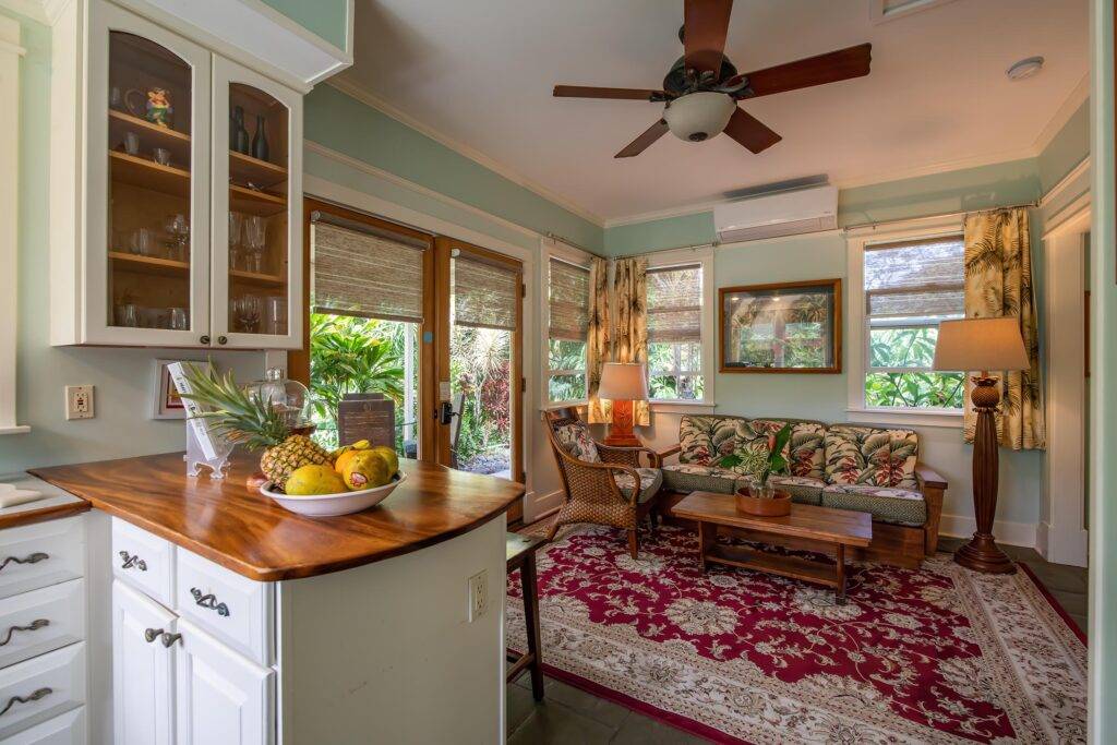 Cottage kitchen bar and living room