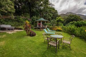 Cottage yard with hot tub gazebo and outdoor dining and relaxation