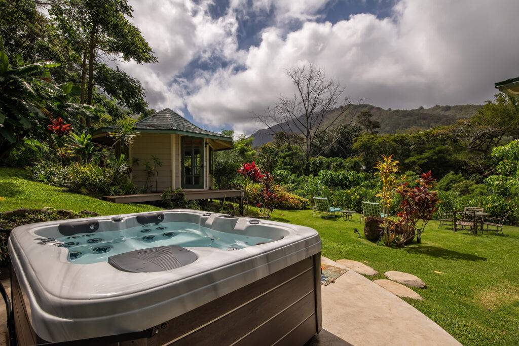 Hot tub and gazebo with calm water