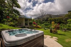 Hot tub and gazebo with calm water