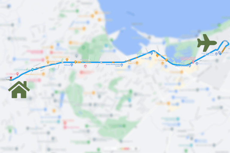 image of map directions from OGG Kahului Airport to 80 Iao Valley Rd, Wailuku.